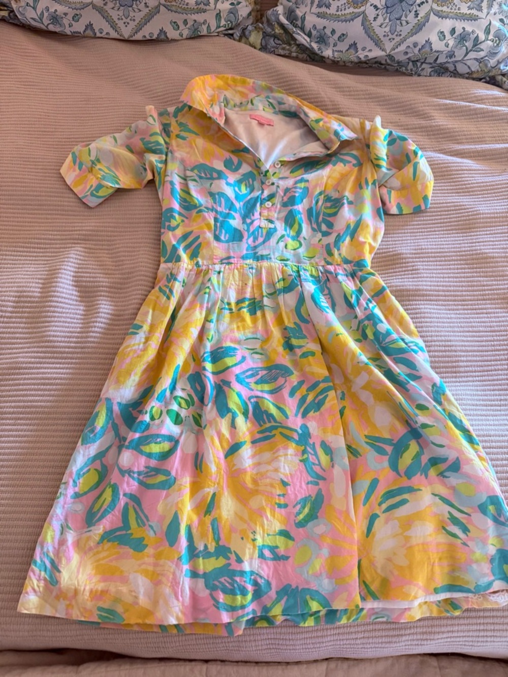 Lilly Pulitzer Yellow Pink Teal Pastel Floral Cotton Dress